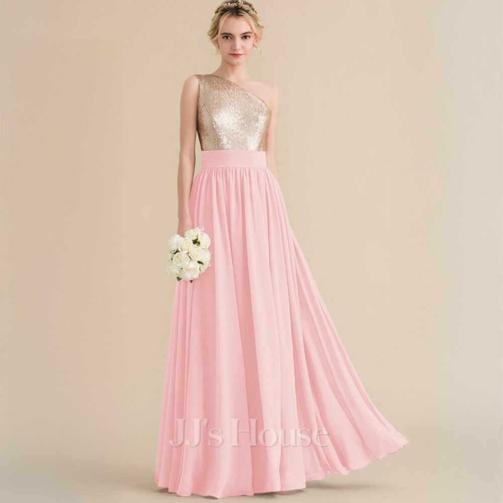 Pink JJs House A-line One Shoulder Floor-Length Chiffon Sequin Bridesmaid Dress